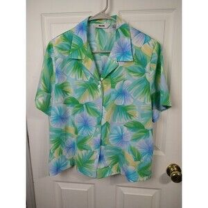 ALIA Woman Collared Button V Neck Shirt 16 Hawaiian Floral S/S Grandma Core